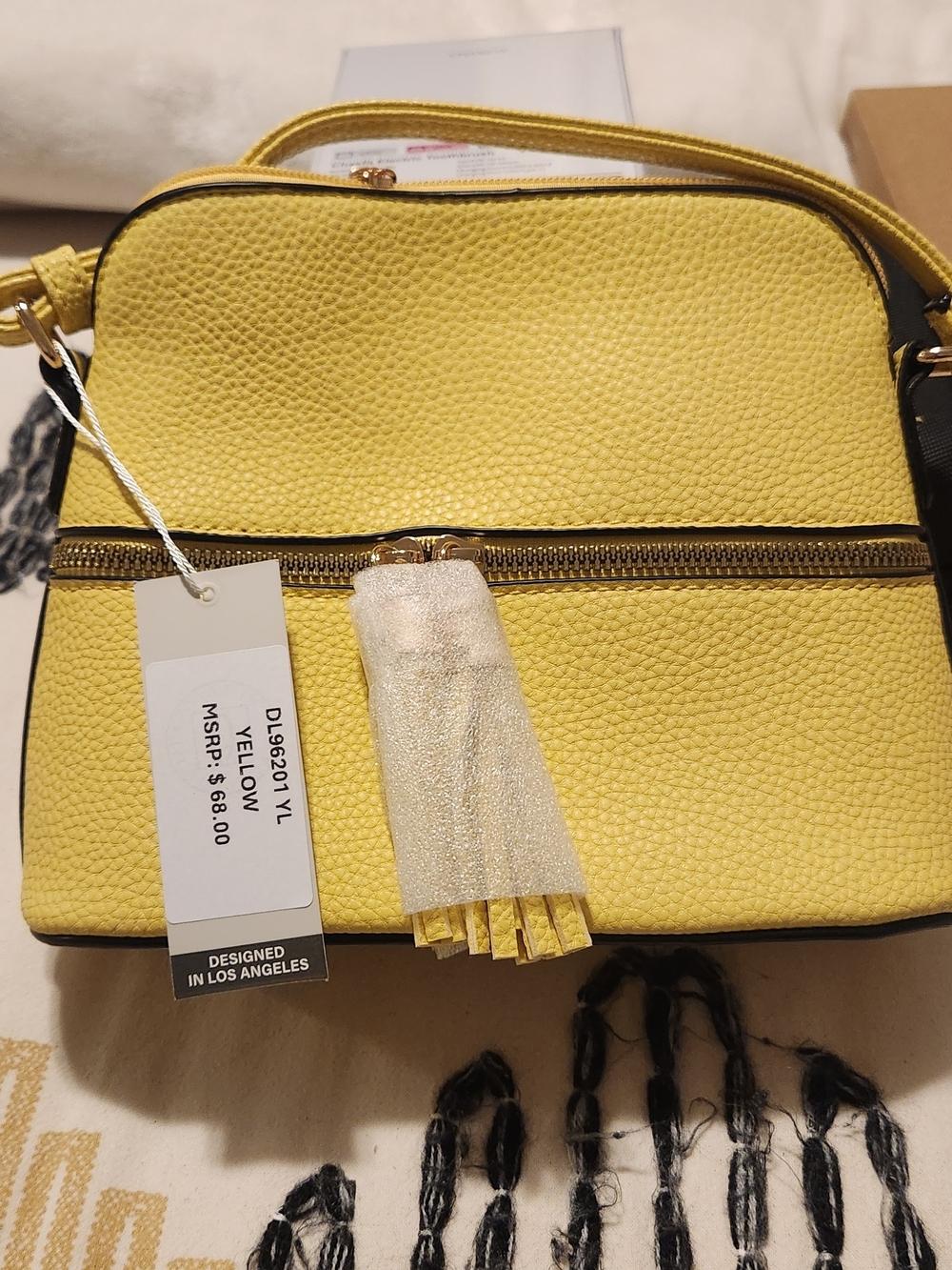 Yellow Pebbled Crossbody Shoulder Bag with Tassel - Picture 1 of 9